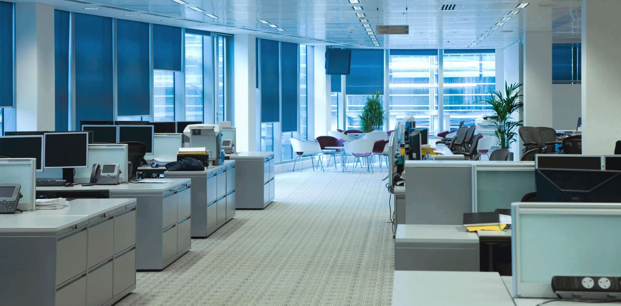 Bright, spacious office with desks and large windows
